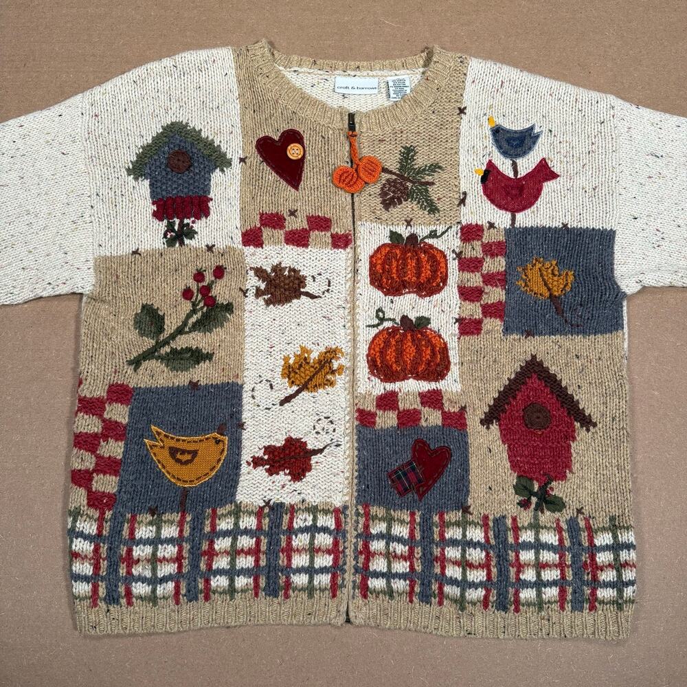 Vintage Autumn Harvest Patchwork Knit Zip Sweater Pumpkin Bird Cottagecore - Picture 4 of 8